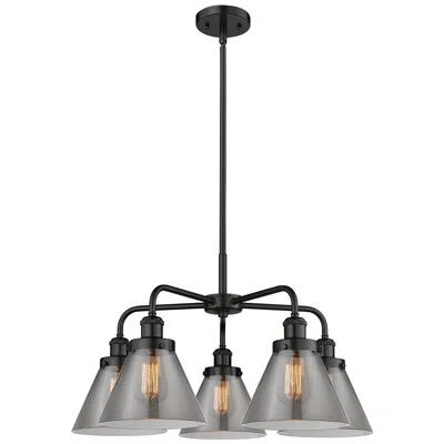 Innovations Lighting Cone 25.75"w 5 Light Matte Black Stem Hung Chandelier W/ Smoke Glass S In Multi