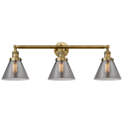 Innovations Lighting Cone 32" 3-light Brushed Brass Bath Light W/ Plated Smoke Shade In Gray