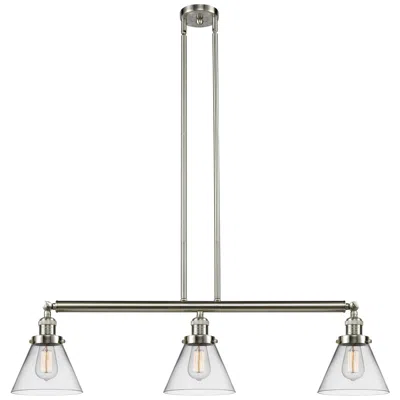 Innovations Lighting Cone 40.25"w 3 Light Brushed Nickel Stem Hung Island Light W/ Clear Sh