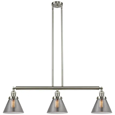 Innovations Lighting Cone 40.25"w 3 Light Brushed Nickel Stem Hung Island Light W/ Smoke Sh