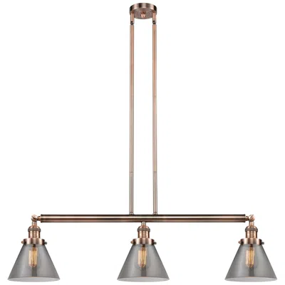 Innovations Lighting Cone 40.25"w 3 Light Copper Stem Hung Island Light W/ Plated Smoke Sha In Gold