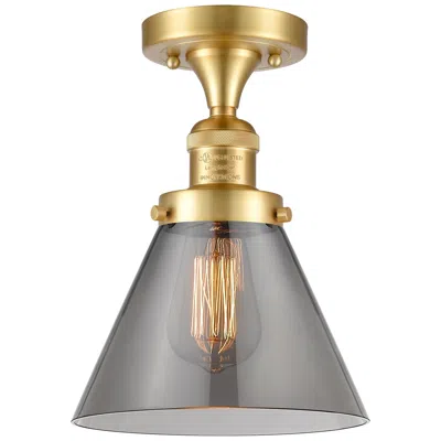 Innovations Lighting Cone 7.75" Wide Satin Gold Semi Flush Mount W/ Plated Smoke Shade
