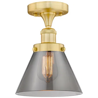 Innovations Lighting Cone 7.75" Wide Satin Gold Semi.flush Mount With Plated Smoke Glass Sh In Gray