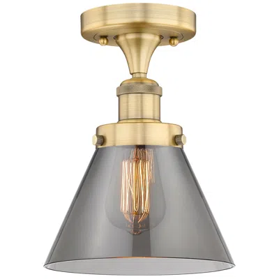 Innovations Lighting Cone 7.75"w Brushed Brass Semi.flush Mount With Plated Smoke Glass Sha In Gray