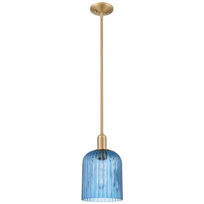 Innovations Lighting Downtown Bridal Veil 8"w Brass Mini Pendant W/ Blue Deco Swirl Shade