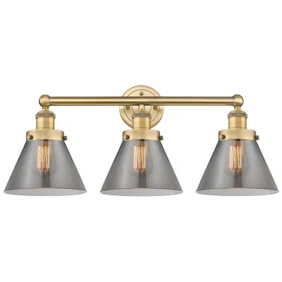 Innovations Lighting Edison Cone 24.5"w 3 Light Brushed Brass Bath Light With Plated Smoke