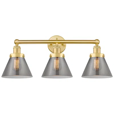 Innovations Lighting Edison Cone 24.5"w 3 Light Satin Gold Bath Light With Plated Smoke Sha