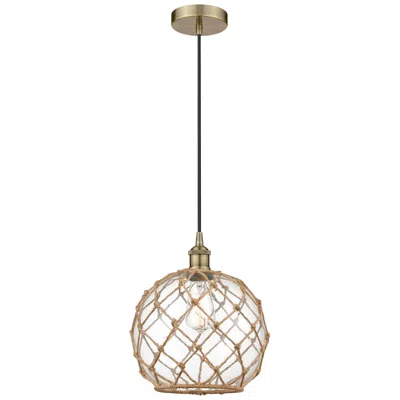 Innovations Lighting Farmhouse 10" Antique Brass Mini Pendant W/ Clear & Brown Rope Sha In Neutral