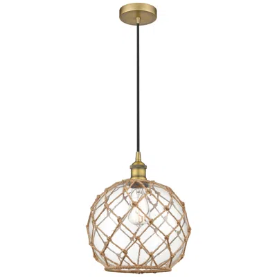 Innovations Lighting Farmhouse 10" Brushed Brass Mini Pendant W/ Clear & Brown Rope Sha
