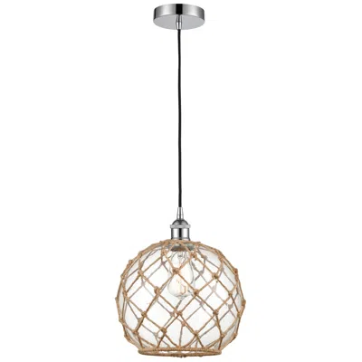 Innovations Lighting Farmhouse 10" Chrome Mini Pendant W/ Clear Glass With Brown Rope Shade