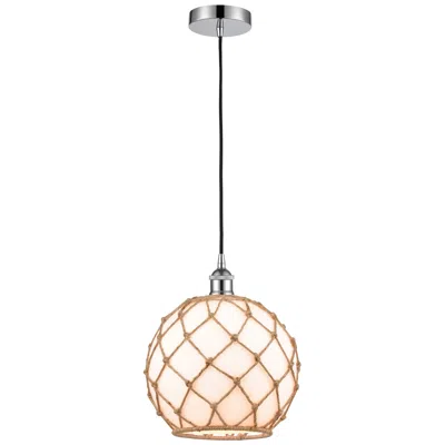 Innovations Lighting Farmhouse 10" Chrome Mini Pendant W/ White Glass With Brown Rope Shade
