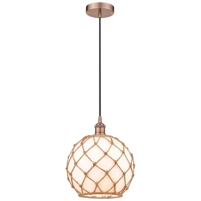 Innovations Lighting Farmhouse 10" Copper Mini Pendant W/ White Glass With Brown Rope Shade