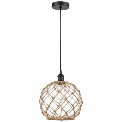 Innovations Lighting Farmhouse 10" Matte Black Mini Pendant W/ Clear Glass With Brown Rope