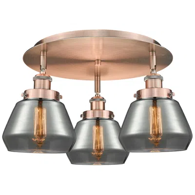 Innovations Lighting Fulton 18.25"w 3 Light Antique Copper Flush Mount W/ Smoke Glass Shade