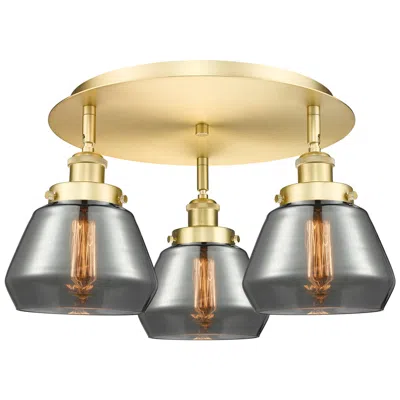 Innovations Lighting Fulton 18.25"w 3 Light Satin Gold Flush Mount With Plated Smoke Glass