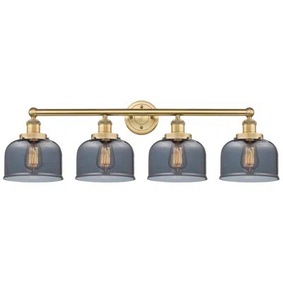 Innovations Lighting Large Bell 33.5"w 4 Light Brushed Brass Bath Light W/ Plated Smoke Sha