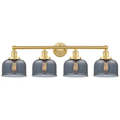 Innovations Lighting Large Bell 33.5"w 4 Light Satin Gold Bath Light With Plated Smoke Shad