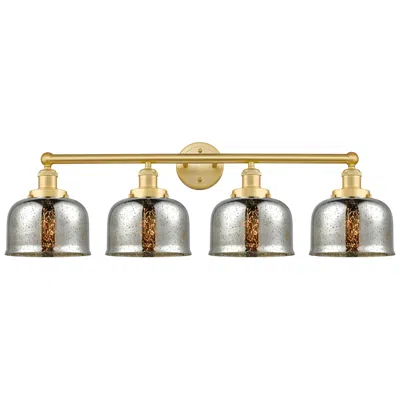 Innovations Lighting Large Bell 33.5"w 4 Light Satin Gold Bath Vanity Light With Mercury Sh