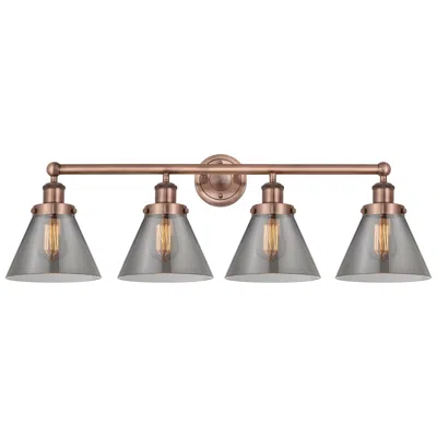 Innovations Lighting Large Cone 33.5"w 4 Light Antique Copper Bath Light With Plated Smoke