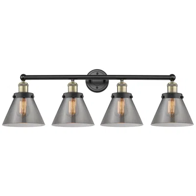 Innovations Lighting Large Cone 33.5"w 4 Light Black Brass Bath Light With Plated Smoke Sha