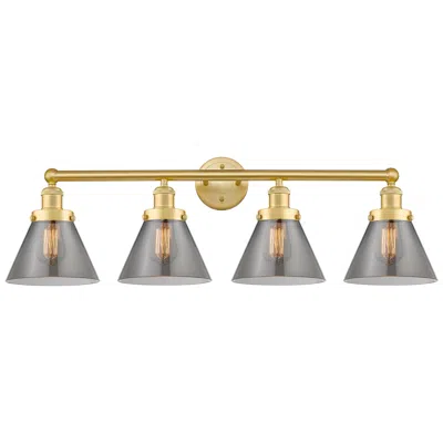 Innovations Lighting Large Cone 33.5"w 4 Light Satin Gold Bath Light With Plated Smoke Shad