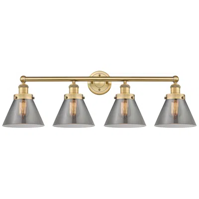 Innovations Lighting Large Cone 34.75"w 4 Light Brushed Brass Bath Light W/ Plated Smoke Sh In Multi