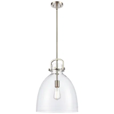 Innovations Lighting Newton Bell 14" Wide Stem Hung Satin Nickel Pendant With Clear Shade