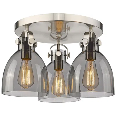 Innovations Lighting Newton Bell 19.63"w 3 Light Satin Nickel Flush Mount W/ Plated Smoke S