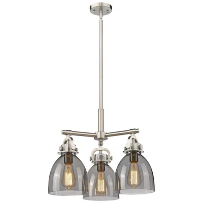 Innovations Lighting Newton Bell 20.4"w 3 Light Stem Hung Satin Nickel Pendant W/ Smoke Sha