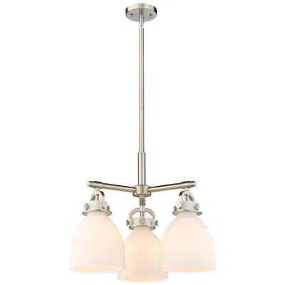 Innovations Lighting Newton Bell 20.4"w 3 Light Stem Hung Satin Nickel Pendant W/ White Sha