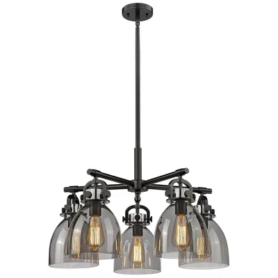 Innovations Lighting Newton Bell 26"w 5 Light Black Stemmed Chandelier W/ Smoke Shade In Multi