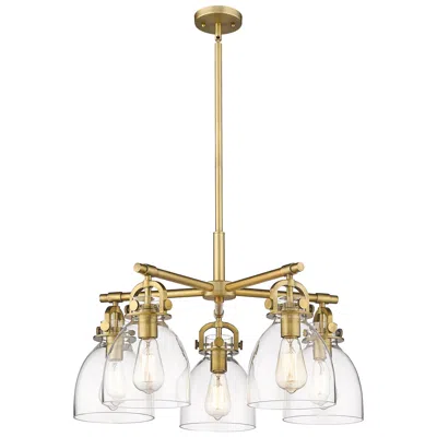 Innovations Lighting Newton Bell 26"w 5 Light Brushed Brass Stem Hung Chandelier W/ Clear S In Gold