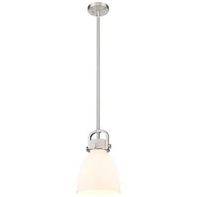 Innovations Lighting Newton Bell 8" Wide Stem Hung Satin Nickel Pendant With White Shade In Gray