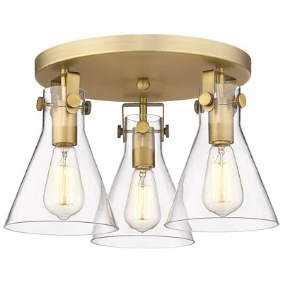 Innovations Lighting Newton Cone 19.6" Wide 3 Light Brushed Brass Flush Mount With Clear Sh