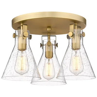 Innovations Lighting Newton Cone 19.6" Wide 3 Light Brushed Brass Flush Mount With Seedy Sh