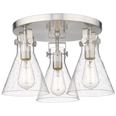 Innovations Lighting Newton Cone 19.6" Wide 3 Light Satin Nickel Flush Mount With Seedy Sha