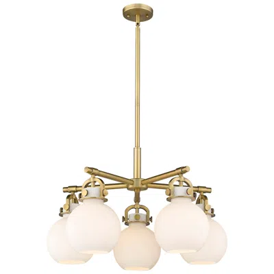 Innovations Lighting Newton Sphere 26"w 5 Light Brushed Brass Stemmed Chandelier W/ White S In Gold