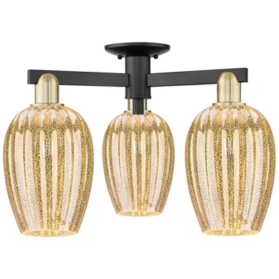 Innovations Lighting Preston 23.75"w 3-lt Black Brass Semi.flush W/ Flute Mercury Shade