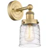 Innovations Lighting Small Bell 10"high Brushed Brass Sconce With Clear Deco Swirl Shade In Gold