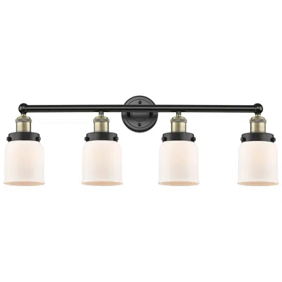 Innovations Lighting Small Bell 33.5"w 4 Light Black Antique Brass Bath Light With White Sh