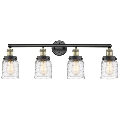 Innovations Lighting Small Bell 33.5"w 4 Light Black Brass Bath Vanity Light W/ Deco Swirl