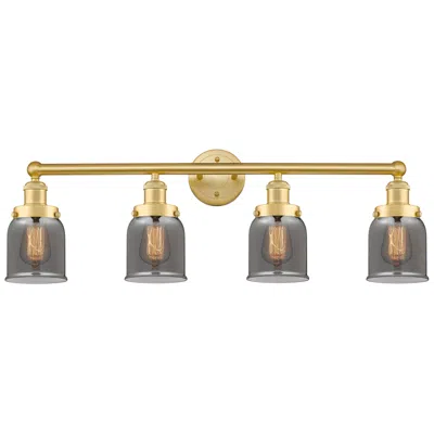 Innovations Lighting Small Bell 33.5"w 4 Light Satin Gold Bath Light W/ Plated Smoke Shade