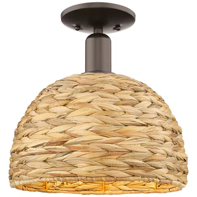 Innovations Lighting Woven Rattan 12" Wide Oil Rubbed Bronze Semi-flush Mount W/ Natural Shade In Black