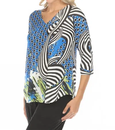 Inoah 3/4 Sleeve V-neck Printed Top In Royal/black/white In Multi