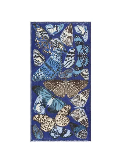 Inoui Editions Butterfly-print Fringed Scarf In Blue
