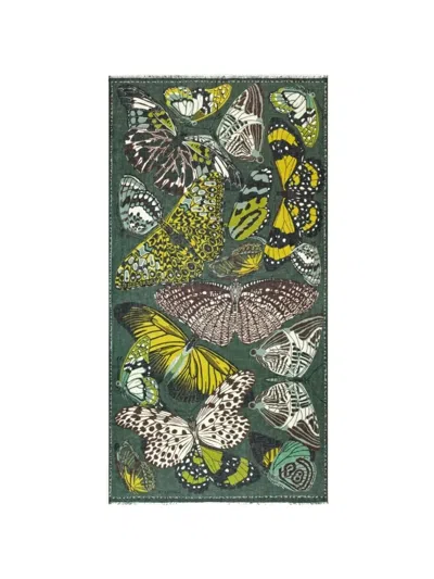 Inoui Editions Butterfly-print Fringed Scarf In Green