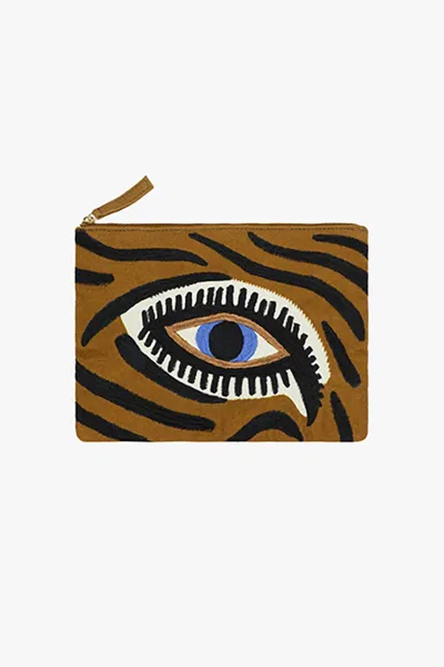 Inoui Editions Women's Embroidered Pouch In Tiger Eye In Brown