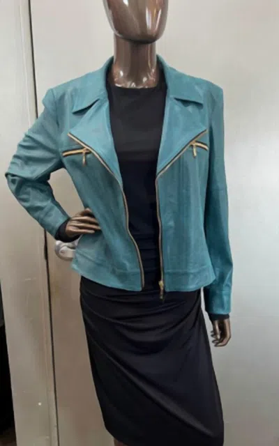 Insight Faux Leather Moto Jacket In Teal In Blue