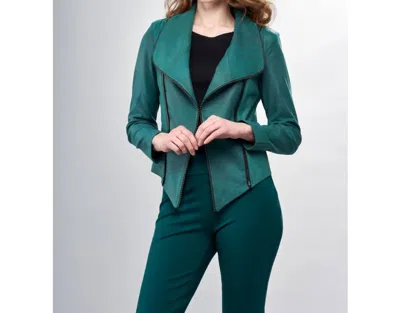 Insight Solid Vegan Leather Short Jacket With Shawl Collar & Hook & Eye Closure In Green In Blue
