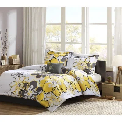 Intelligent Design Allison Floral Comforter Set With Throw Pillow In Yellow,gray,black